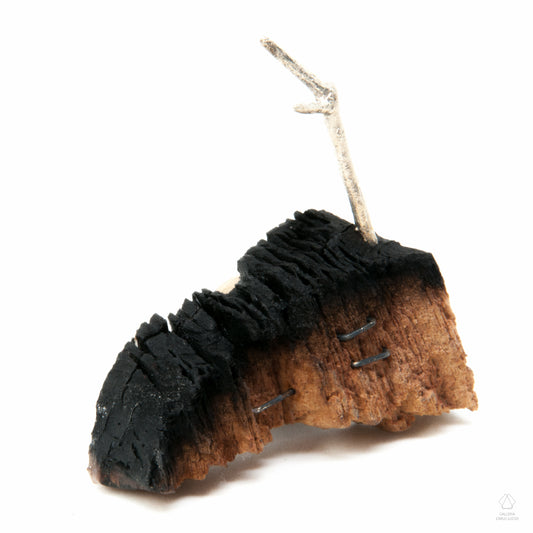spilla magnetica, scultura in legno di pino e argento.