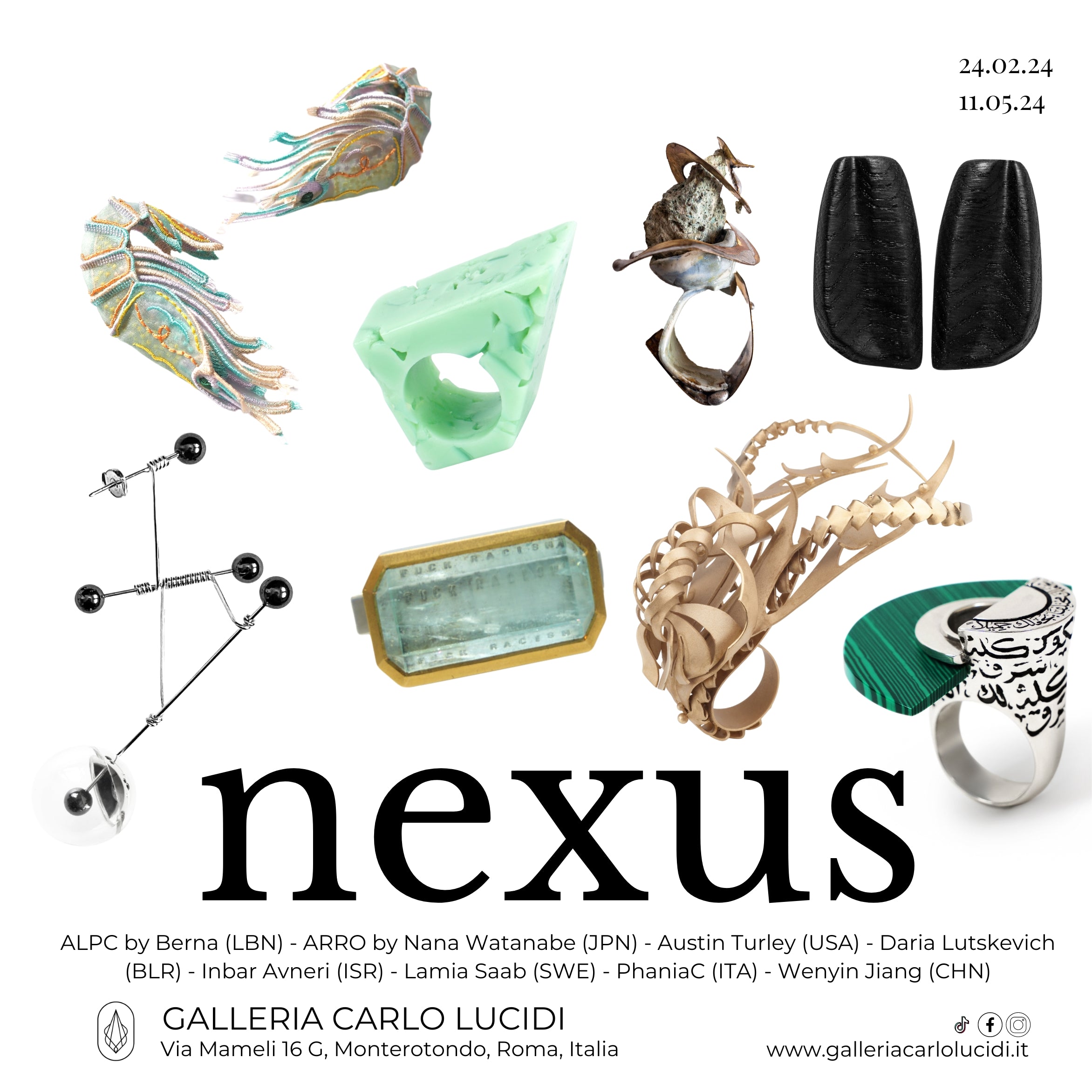 flayer dell'evento nexus, una mostra di gioiello contemporaneo presso la nostra galleria