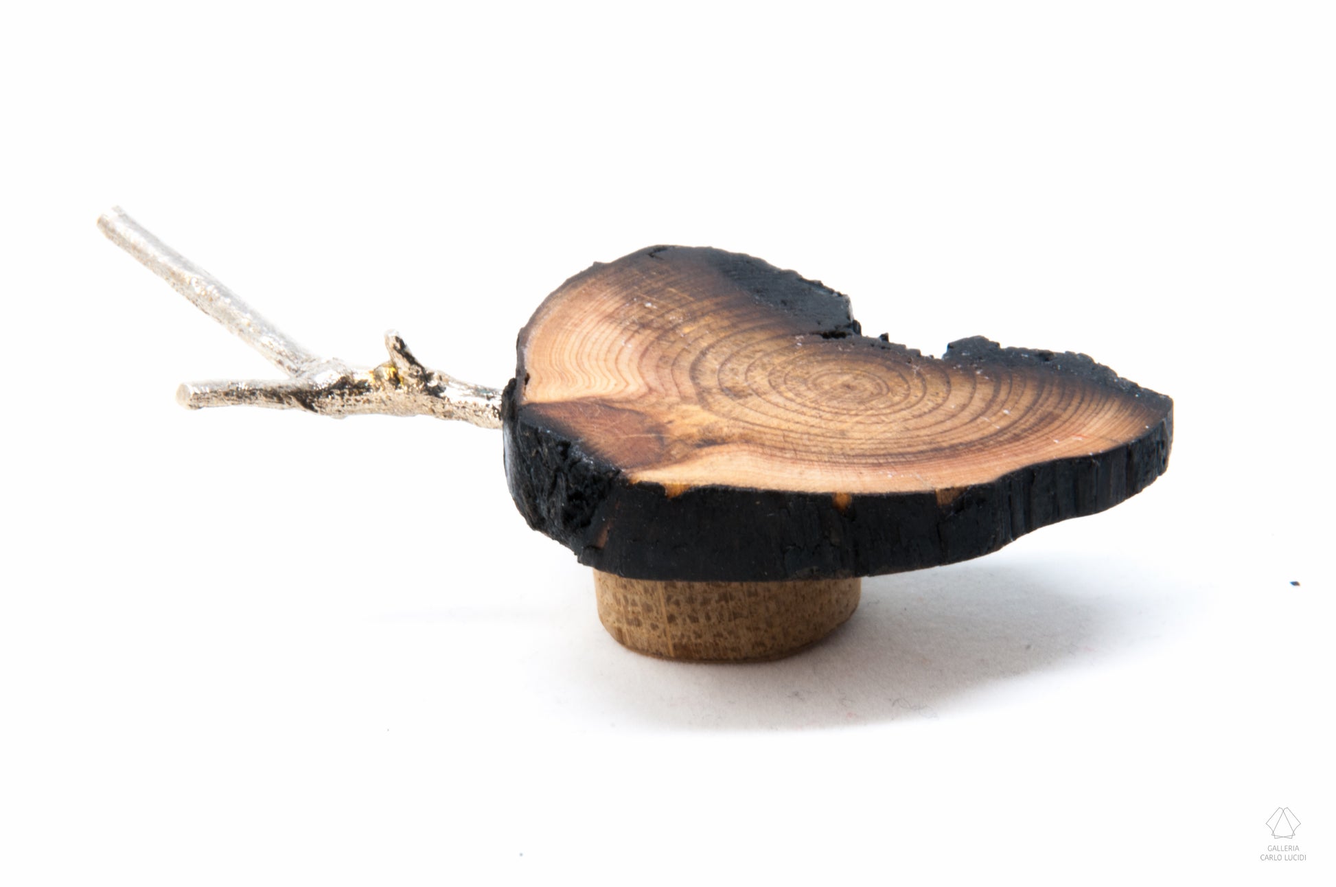 spilla magnetica, scultura in legno di pino e argento.