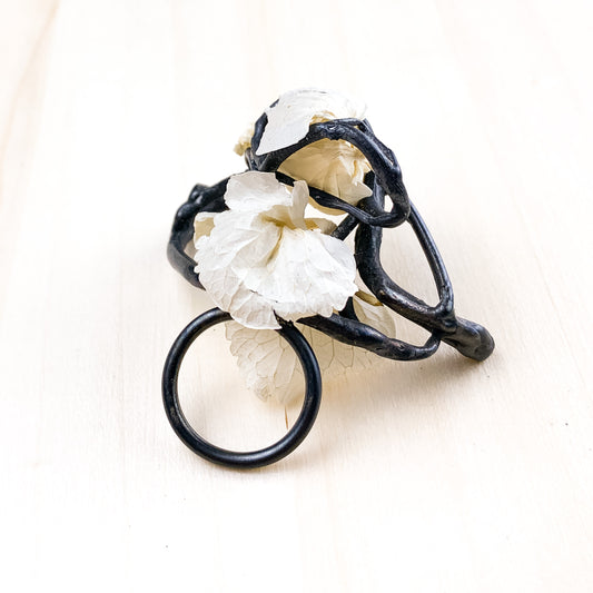 Black silver ring with flower petals